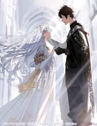  1boy 1girl arch artist_name asymmetrical_sleeves belt black_belt black_cape black_gloves black_hair black_suit bridal_veil cape chinese_text closed_mouth cover cover_page dress earrings edel_(kokurouou_to_hakugin_no_niehime) elbow_gloves fingerless_gloves floral_print formal gloves highres holding_hands indoors jewelry kokurouou_to_hakugin_no_niehime light_particles light_rays long_hair looking_at_another mismatched_sleeves novel_cover official_art ortius_(kokurouou_to_hakugin_no_niehime) parted_lips profile purple_eyes short_hair single_fingerless_glove single_glove standing suit veil vient wedding wedding_dress white_gloves white_hair 
