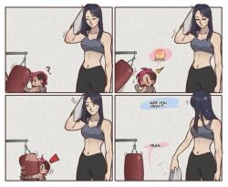  artist_request bandaged_arm bandaged_hand bandages caitlyn_(league_of_legends) english_text long_hair pink_hair punching_bag short_hair side_shave sports_bra vi_(league_of_legends) 
