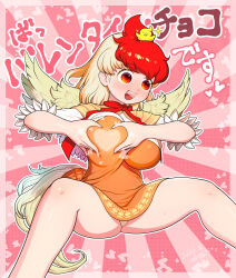  1girl animal animal_on_head bird bird_on_head bird_tail bird_wings blonde_hair blush breasts chick clothes_lift commentary_request dress feet_out_of_frame grabbing_own_breast heart highres large_breasts looking_at_viewer medium_bangs medium_hair multicolored_hair neckerchief niwatari_kutaka on_head open_mouth orange_dress paid_reward_available panties pink_background red_eyes red_hair red_neckerchief shirt shirt_lift short_dress smile solo sparkle sunburst sunburst_background tail touhou translation_request two-tone_hair underwear white_shirt wings yellow_panties yellow_wings yonaki 