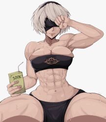  1girl abs absurdres black_blindfold blindfold breast_slip headband highres juice_box looking_at_viewer mole muscular muscular_female nier:automata nier_(series) solo sweat thick_thighs thighs toned white_background white_hair yoracrab 2b_(nier:automata)  rating:Questionable score:58 user:danbooru