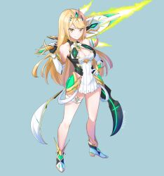  1girl blonde_hair breasts cleavage cleavage_cutout clothing_cutout full_body grimmelsdathird highres long_hair medium_breasts mythra_(xenoblade) nintendo solo standing tagme yellow_eyes  rating:Sensitive score:6 user:Donjuan343