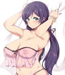 10s 1girl blush breasts camisole cleavage covered_erect_nipples female_focus green_eyes highres large_breasts long_hair looking_at_viewer love_live! love_live!_school_idol_project moisture_(chichi) navel nipples plump purple_hair see-through simple_background solo strapless tojo_nozomi twintails underwear underwear_only rating:Questionable score:279 user:danbooru