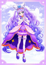  1girl absurdres aqua_eyes brooch closed_mouth cure_majesty detached_sleeves dress elbow_gloves ellee-chan frilled_skirt frilled_thighhighs frills gloves half-dress highres hirogaru_sky!_precure jewelry kazusa_hiyori long_hair looking_at_viewer magical_girl miniskirt own_hands_together precure puffy_detached_sleeves puffy_sleeves purple_dress purple_footwear purple_hair purple_skirt shoes skirt sleeveless sleeveless_dress smile solo standing thighhighs twitter_username two_side_up very_long_hair white_gloves white_thighhighs wing_brooch wing_hair_ornament 
