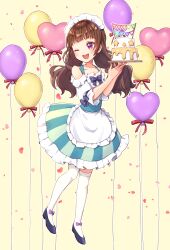  1girl absurdres alternate_costume amanogawa_kirara apron balloon blue_dress blunt_bangs blush brown_hair cake clothing_cutout commentary dress food frilled_dress frills full-face_blush go!_princess_precure hat_ornament heart heart_balloon highres holding holding_tray looking_to_the_side low_twintails maid_headdress open_mouth pinafore_dress precure purple_eyes shirt short_dress short_sleeves shoulder_cutout shuu_(mniarnoakou) sleeveless sleeveless_dress smile solo standing star_(symbol) star_hat_ornament string_of_flags textless_version thank_you thighhighs tray twintails waist_apron waitress white_shirt white_thighhighs 