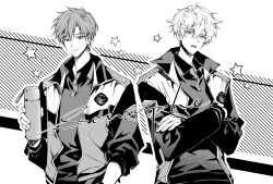  2boys absurdres bishounen buttons character_request chinese_commentary collared_jacket collared_shirt commentary_request cowboy_shot crossed_arms fingernails frown hair_between_eyes highres holding holding_thermos jacket jersey long_sleeves male_focus multiple_boys open_clothes open_jacket open_mouth pants quan_zhi_gao_shou sample_watermark shirt short_hair simple_background star_(symbol) teeth thermos watermark white_background ziyizhengjun 