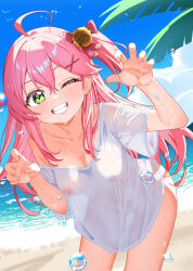  1girl ahoge alternate_costume beach bell blue_sky blush breasts claw_pose cleavage cloud dongchuan green_eyes hair_between_eyes hair_ornament highres hololive jingle_bell medium_breasts nipples one_eye_closed palm_leaf palm_tree pink_hair sakura_miko sand see-through see-through_shirt shirt sky smile solo tree twintails virtual_youtuber water white_shirt x_hair_ornament  rating:Questionable score:25 user:danbooru