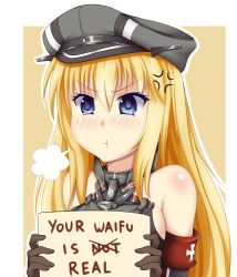 10s 1girl :t puff_of_air anger_vein bare_shoulders bismarck_(kancolle) blonde_hair blue_eyes blush breasts brown_gloves english_text gloves guardian-panda hat holding holding_sign kantai_collection long_hair medium_breasts military_hat pout sign solo tears rating:Sensitive score:29 user:danbooru