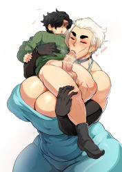  1boy 1girl age_difference breasts cleavage covered_erect_nipples fellatio highres huge_breasts jujunaught mature_female oral penis shota size_difference tagme  rating:Explicit score:22 user:Garulpo