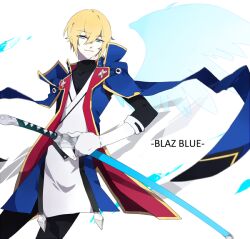  1boy black_pants black_shirt blazblue blonde_hair blue_coat blue_wings coat collared_coat commentary_request copyright_name cowboy_shot elbow_gloves feathered_wings feathers gloves green_eyes hair_between_eyes half-closed_eyes hand_on_hilt high_collar japanese_clothes katana kimono kisaragi_jin layered_sleeves long_sleeves male_focus pants parted_lips sheath sheathed shirt short_hair short_kimono short_over_long_sleeves short_sleeves smirk solo sword turtleneck turtleneck_shirt two-sided_coat two-sided_fabric unagi_(nakaelric) weapon white_background white_gloves white_kimono wings 
