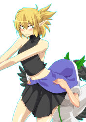  2girls bird_wings black_hair black_shirt black_skirt black_wings blonde_hair blue_outline blush bow breasts closed_mouth commentary_request feet_out_of_frame freckles green_bow green_eyes hair_bow half_updo head_under_skirt large_breasts long_hair mizuhashi_parsee multiple_girls navel outline pointy_ears puffy_short_sleeves puffy_sleeves reiuji_utsuho shirt short_sleeves sideboob simple_background skirt sleeveless sleeveless_shirt touhou uraraku_shimuni white_background white_shirt wings yuri 