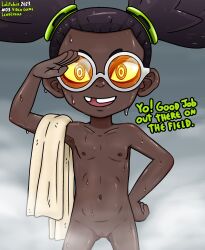  1girl 2023 absurdres artist_name brown_hair cleft_of_venus collarbone completely_nude cowboy_shot dark-skinned_female dark_skin english_text female_focus flat_chest glasses groin hair_ornament hand_on_own_hip highres lewdlhama loli looking_at_viewer luna_(omega_strikers) missing_tooth nipples nude omega_strikers on_shoulder pussy salute smile solo standing steam straight-on teeth tooth_gap towel_on_one_shoulder two_side_up uncensored upper_teeth_only wet white-framed_eyewear 