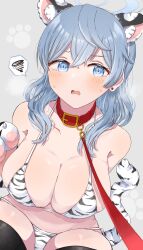  1girl ako_(blue_archive) animal_collar animal_ears animal_hands animal_print annzuwann bare_shoulders bell bikini blue_archive blue_eyes blue_hair blush breasts cleavage collar collarbone cowbell earrings fake_animal_ears gloves grey_background highres jewelry large_breasts leash looking_at_viewer neck_bell open_mouth paw_gloves pet_play print_bikini print_gloves print_thighhighs red_collar sitting solo spoken_blush spoken_squiggle squiggle swimsuit tail thighhighs tiger_ears tiger_print tiger_stripes tiger_tail viewer_holding_leash  rating:Sensitive score:48 user:danbooru