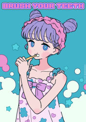  1girl :t bare_arms bare_shoulders blue_background blue_eyes brushing_teeth closed_mouth collarbone commentary double_bun dress english_text hair_bun highres holding holding_toothbrush looking_at_viewer neki_(wakiko) original print_dress purple_dress purple_hair sleeveless sleeveless_dress solo star_(symbol) starry_background toothbrush upper_body 