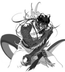  1boy animal_hands arknights chong_yue_(arknights) claws cowboy_shot dragon_boy dragon_horns dragon_tail floating_hair greyscale hand_on_own_arm highres horns jjeobjjeobdogta_(wjqwjqehrxk) long_hair long_tail male_focus monochrome monster_boy monsterification multicolored_hair pointy_ears scales simple_background sleeveless spines standing streaked_hair sweat tail white_background 