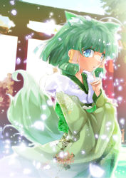  1girl :o animal_ears blue_eyes blush cafe-chan_to_break_time dog_ears dog_girl dog_tail floral_print fox_shadow_puppet fur_collar green_eyes green_kimono japanese_clothes kemonomimi_mode kimono long_sleeves looking_at_viewer midori_(cafe-chan_to_break_time) outdoors parted_lips porurin_(do-desho) print_kimono short_hair sidelocks snowing solo tail torii wide_sleeves 