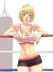 1girl ahoge ai_candy blonde_hair blue_eyes bob_cut boxing_ring breasts cleavage clothes_writing colorized facial_tattoo fingernails hand_wraps heart heart_tattoo large_breasts lips looking_at_viewer navel nose original polarityplus punching_bag revision short_hair short_shorts shorts smile solo sports_bra tattoo thigh_gap wrist_wrap rating:Sensitive score:80 user:danbooru