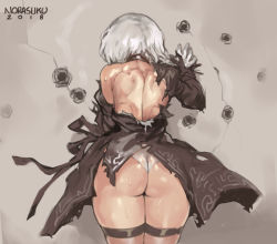  1girl ass backless_outfit bare_back black_dress boots bullet_hole butt_crack commentary dress feather-trimmed_sleeves highleg highleg_leotard highres holding holding_behind_back juliet_sleeves leotard long_sleeves muscular muscular_female nier:automata nier_(series) norasuko puffy_sleeves silver_hair simple_background solo sweat thighhighs thighhighs_under_boots torn_clothes white_leotard 2b_(nier:automata)  rating:Questionable score:76 user:danbooru