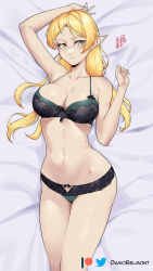 1girl arm_up bare_arms bare_shoulders bed_sheet blonde_hair bra commentary cowboy_shot damobelmont hand_up highres isekai_ojisan long_hair looking_at_viewer lying navel on_back panties pointy_ears solo stomach sui_(isekai_ojisan) thighs twitter_logo underwear underwear_only yellow_eyes rating:Sensitive score:46 user:danbooru