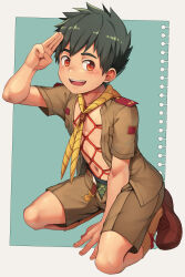  1boy :d absurdres arm_between_legs belt black_hair blush boy_scout brown_footwear brown_shirt brown_shorts bulge camouflage_male_underwear commentary daikung english_commentary green_male_underwear hand_up highres kneeling looking_at_viewer male_focus male_underwear male_underwear_peek navel neckerchief open_clothes open_fly open_mouth open_shirt original outside_border print_male_underwear red_eyes red_rope ribbed_legwear rope salute shibari shibari_under_clothes shirt shoes short_hair short_sleeves shorts shota shoulder_boards smile socks solo spiked_hair three-finger_salute underwear yellow_neckerchief  rating:Questionable score:39 user:danbooru