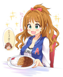  2girls blush_stickers breasts cleavage clothes_writing commentary_request curly_hair drooling food food_request green_eyes hair_intakes high_ponytail hino_akane holding holding_plate honda_mio hungry idolmaster idolmaster_cinderella_girls jacket large_breasts letterman_jacket long_hair long_sleeves multiple_girls open_mouth orange_hair out_of_frame plate rice short_hair single_letter sitting sparkle speech_bubble spoken_character sweatdrop translation_request trente white_sleeves 