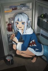  1girl :d absurdres barefoot blue_eyes blue_hair blue_hoodie commentary container cup drawstring eating english_commentary feet fins fish_tail food food_on_face full_body gawr_gura gawr_gura_(1st_costume) hair_ornament highres hololive hololive_english hood hood_down hoodie indoors long_sleeves looking_at_viewer milk_carton multicolored_hair nash65 open_mouth refrigerator shark_girl shark_hair_ornament shark_tail sharp_teeth smile solo squatting tail teeth thighs tiptoes toes tupperware two_side_up virtual_youtuber 