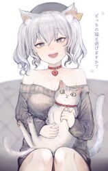 1girl absurdres alternate_costume animal_ear_fluff animal_ears bare_shoulders black_hat breasts cat cat_ears cat_girl cat_tail cleavage collar couch grey_eyes grey_hair grey_sweater hat hatoneko heart_lock_(kantai_collection) highres kantai_collection kashima_(kancolle) long_sleeves looking_at_viewer medium_breasts off-shoulder_sweater off_shoulder open_mouth paw_print red_collar ribbed_sweater sidelocks signature simple_background sitting solo sweater tail teeth translation_request twintails upper_teeth_only white_background