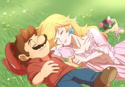 1boy 1girl agua_mp blonde_hair breasts brown_hair cleavage closed_eyes dress earrings facial_hair flower grass hat holding_hands jewelry long_hair lying_on_person mario mario_(series) medium_breasts mustache nintendo outdoors pink_dress princess_peach smile