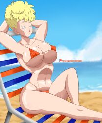  1girl arms_behind_head beach beach_chair bikini blonde_hair dragon_ball kon_omicon mature_female micro_bikini outdoors panchy sitting solo swimsuit 