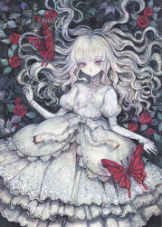  1girl acrylic_paint_(medium) albino bug butterfly commentary_request dress expressionless flat_chest flower hair_spread_out highres insect juliet_sleeves long_hair long_sleeves looking_at_viewer lying on_back original painting_(medium) pale_skin puffy_sleeves red_butterfly red_eyes red_flower red_rose rose solo sumire_shisei traditional_media wavy_hair white_dress white_hair 
