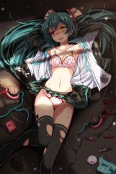1girl absurdres ahoge aqua_hair aqua_nails armpits arms_up bag black_footwear black_jacket blouse blush boots bra breasts cable cameltoe cleavage clothes_lift collarbone cosmetics crack cracked_floor feet_out_of_frame female_focus from_above hand_mirror hatsune_miku headphones heart heterochromia highres jacket light lipstick_tube long_hair long_sleeves looking_away looking_to_the_side lying miniskirt mirror nail_polish navel nose_blush on_back on_floor open_clothes open_jacket open_shirt panties pantyshot parted_lips pink_bra pink_panties polka_dot polka_dot_bra polka_dot_panties project_diva_(series) project_diva_x red_eyes round_teeth shirt skirt small_breasts solo stomach sweat teeth thigh_boots thighhighs torn_clothes torn_thighhighs tsukishiro_saika twintails underwear upskirt very_long_hair vocaloid white_shirt yellow_eyes rating:Questionable score:49 user:danbooru