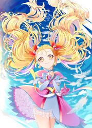  1girl absurdres blonde_hair blue_sky closed_mouth cloud cloudy_sky commentary cowboy_shot day dress earrings elbow_gloves futari_wa_precure futari_wa_precure_max_heart gloves hair_lift hair_pulled_back hair_ribbon half_gloves heart heart_earrings highres jewelry kujou_hikari long_hair looking_at_viewer magical_girl outdoors own_hands_together petticoat pink_dress precure red_ribbon ribbon sash shiny_luminous short_dress sky smile solo standing twintails white_gloves wind wind_lift yellow_eyes yuutarou_(fukiiincho) 