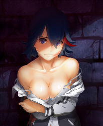 10s 1girl aconitea alley bad_id bad_pixiv_id black_hair blood blue_eyes bow bra breast_hold breasts bruise cleavage collarbone highres imminent_rape injury jacket kill_la_kill large_breasts long_sleeves matoi_ryuuko multicolored_hair off_shoulder red_hair reluctant scrape short_hair slap_mark solo strap_slip translucent_hair two-tone_hair underwear white_bra rating:Questionable score:154 user:danbooru