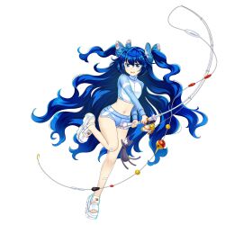  1girl alternate_costume alternate_hairstyle bandaid bandaid_on_leg blue_eyes blue_hair bow fishing_rod full_body game_cg hair_bow highres holding holding_fishing_rod long_hair looking_at_viewer navel open_mouth rotte_(1109) sandals simple_background solo third-party_source touhou touhou_lostword very_long_hair wavy_hair white_background white_footwear yorigami_shion yorigami_shion_(gone_god_fishing) 