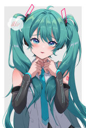  1girl ahoge aqua_hair aqua_nails aqua_necktie blue_eyes blush border collared_shirt detached_sleeves grey_background hair_intakes hands_up hatsune_miku highres long_hair necktie outside_border parted_lips shirt shoulder_tattoo sleeveless sleeveless_shirt solo spoken_blush swept_bangs tattoo twintails twintails_day upper_body vocaloid white_border yeogpu_(seung832222) 