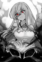 1girl bare_shoulders book breasts cape corruption dark_persona fire_emblem fire_emblem:_genealogy_of_the_holy_war julia_(fire_emblem) large_breasts long_hair mind_control monochrome nintendo open_book red_eyes solo staring yukia_(firstaid0) 