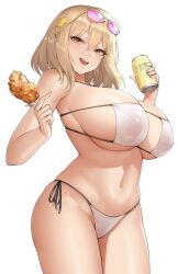  1girl absurdres anis_(nikke) anis_(sparkling_summer)_(nikke) bare_arms bare_shoulders bikini blonde_hair breasts can cat_hair_ornament eyewear_on_head food fried_chicken goddess_of_victory:_nikke hair_ornament highres holding holding_can holding_food huge_breasts kurone_rinka looking_at_viewer official_alternate_costume open_mouth pink-tinted_eyewear side-tie_bikini_bottom sideboob simple_background smile solo sunglasses swimsuit teeth thighs tinted_eyewear underboob upper_teeth_only white_background white_bikini yellow_eyes 