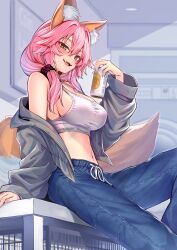  1girl absurdres animal_ear_fluff animal_ears bare_shoulders beer_can blush breasts can drink_can fate/extra fate_(series) fox_ears fox_girl fox_tail highres large_breasts long_hair long_sleeves looking_at_viewer navel open_mouth pink_hair smile solo tail tamamo_(fate) tamamo_no_mae_(fate/extra) wisespeak yellow_eyes  rating:Sensitive score:26 user:danbooru