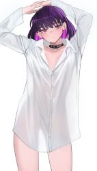  1girl arms_up black_collar collar collarbone collared_shirt dress_shirt highres jourd4n long_sleeves looking_at_viewer minori_yume_(jourd4n) multicolored_hair naked_shirt original parted_lips pink_hair purple_hair red_eyes see-through_silhouette shirt simple_background sleeves_past_wrists solo standing two-tone_hair white_background white_shirt 