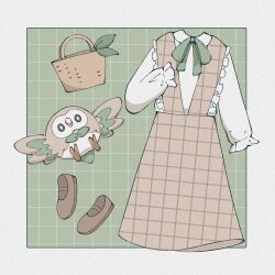  basket border brown_dress brown_footwear collared_shirt creatures_(company) dress frilled_dress frilled_sleeves frills game_freak gen_7_pokemon green_background green_ribbon highres long_sleeves looking_at_viewer nintendo no_humans outside_border pinafore_dress pokemon pokemon_(creature) ribbon rowlet shirt shoes simple_background sleeveless sleeveless_dress solo sumi_fms unworn_dress unworn_shirt unworn_shoes white_border white_shirt 