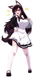  1girl :o absurdres alternate_costume animal_ear_fluff apron black_dress black_footwear blush breasts brown_hair dress enmaided frilled_apron frills full_body highres holding holding_tray imaizumi_kagerou large_breasts long_hair long_sleeves looking_at_viewer maid maid_headdress neckerchief open_mouth red_eyes red_neckerchief simple_background sivamaron solo thighhighs touhou transparent_background tray v-shaped_eyebrows white_apron white_background white_thighhighs zettai_ryouiki 