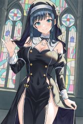 1girl absurdres amano_nene_(vtuber) bare_shoulders black_dress black_hair blue_eyes blush breasts buttons church cleavage closed_mouth collared_shirt detached_collar double-breasted dress dress_shirt fingernails habit highres indoors jewelry juliet_sleeves large_breasts long_dress long_sleeves looking_at_viewer necklace no_panties nun pelvic_curtain production_kawaii puffy_sleeves shirt side_slit skirt_hold smile solo stained_glass taut_clothes taut_dress veil virtual_youtuber wrist_cuffs xenoxavier rating:Sensitive score:21 user:danbooru