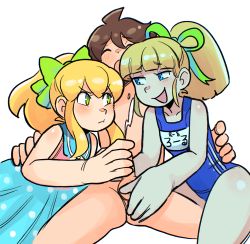  1boy 2girls alternate_costume blonde_hair blue_eyes blush bow brown_hair capcom child_on_child closed_eyes clothed_female_nude_male cooperative_handjob cum green_bow green_eyes handjob hands_on_another&#039;s_back hetero highres loli mega_man:_powered_up mega_man_(character) mega_man_(classic) mega_man_(series) mega_man_x_(series) mega_man_x_dive multiple_girls nude open_mouth orgasm penis pie_(aipiepo) pout roll_(mega_man) school_swimsuit shota simple_background smug swimsuit testicles white_background  rating:Explicit score:90 user:lamarfll