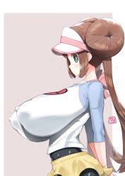  1girl 2022 arms_behind_back bea_(bropmlk) blue_eyes blush border bra bra_strap breasts brown_hair covered_erect_nipples creatures_(company) curvy double_bun flying_sweatdrops from_side game_freak gigantic_breasts hair_bun hat heart highres huge_breasts long_hair long_twintails looking_at_viewer nintendo oppai_loli pantyhose perky_breasts pink_bra pokemon pokemon_bw2 puffy_areolae rosa_(pokemon) shirt short_shorts shorts signature simple_background skin_tight solo sweat sweatdrop tight_clothes twintails underwear v_arms very_long_hair visor_cap white_border wristband  rating:Questionable score:146 user:JSimesenMac