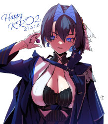  1girl black_shirt blue_cloak blue_eyes blue_hair bow bow_earrings breasts candy cleavage cloak colored_inner_hair dress earrings english_text food gloves hair_between_eyes hair_intakes hair_ornament half_gloves highres hololive hololive_english jewelry large_breasts lollipop long_sleeves multicolored_hair ouro_kronii shirt short_hair signature solo taka_t two-tone_hair virtual_youtuber white_background white_gloves white_shirt 