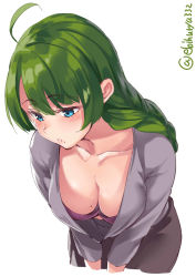 1girl ahoge alternate_costume blue_eyes blush braid breasts casual commentary_request ebifurya finger_to_mouth green_hair heart highres kantai_collection leaning_forward lips long_hair long_sleeves looking_down medium_breasts mole mole_on_breast mole_under_mouth parted_lips purple_shirt shirt simple_background single_braid smile solo upper_body v_arms very_long_hair white_background white_shirt yuugumo_(kancolle) rating:Sensitive score:14 user:danbooru