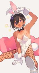  1boy :d animal_ears arm_up bare_shoulders between_legs black_bow black_bowtie black_hair bow bowtie bulge collarbone commentary crossdressing detached_collar fake_animal_ears fake_tail fishnet_pantyhose fishnets gloves hair_between_eyes hand_between_legs hand_up high_heels highres leotard male_focus medium_hair mobu_45 nipples open_mouth original oversized_breast_cup pantyhose pillow playboy_bunny purpe_eyes rabbit_ears rabbit_tail shoe_soles sitting smile solo spread_legs star_(symbol) symbol-only_commentary tail tan tanline trap v white_footwear white_gloves white_leotard wrist_cuffs  rating:Questionable score:96 user:danbooru