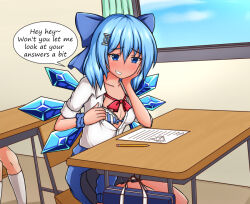  artist_request bag blue_eyes blue_hair chair cirno desk english_text pencil school school_bag school_chair school_desk school_uniform showing_off speech_bubble tagme touhou  rating:Questionable score:23 user:sugeride