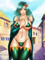 1990s_(style) 1girl adapted_costume aqua_eyes aqua_hair bare_shoulders bikini blue_sky blush breasts breasts_apart building cameltoe cloud covered_erect_nipples cowboy_shot curvy day detached_sleeves earrings feathers final_fantasy final_fantasy_iv fingernails gem green_bikini green_hair green_thighhighs groin hair_between_eyes hair_ornament hand_on_own_chest jewelry large_breasts lips long_fingernails long_hair long_sleeves looking_at_viewer micro_bikini momoman_(pink_voltage) navel outdoors partially_visible_vulva retro_artstyle road rydia_(ff4) shiny_clothes sky smile solo stairs standing star_(symbol) star_earrings star_hair_ornament string_bikini swimsuit thigh_gap thighhighs town underboob wavy_hair wide_hips rating:Questionable score:57 user:danbooru