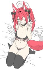  absurdres angel_wings bell belly black_bra blush bra choker frilled_bra frills green_eyes hair_ornament halo highres jewelry kuriimutenshi_(virtual_youtuber) mang_poom navel on_bed peace_symbol red_hair ring stomach thighhighs twintails underwear v wings 