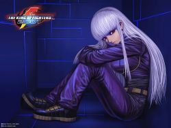 1girl artist_request belt breasts cropped_jacket highres hugging_own_legs kula_diamond lips long_hair looking_at_viewer nose official_art official_wallpaper pants red_eyes snk solo the_king_of_fighters the_king_of_fighters_2001 wallpaper white_hair rating:Sensitive score:12 user:danbooru